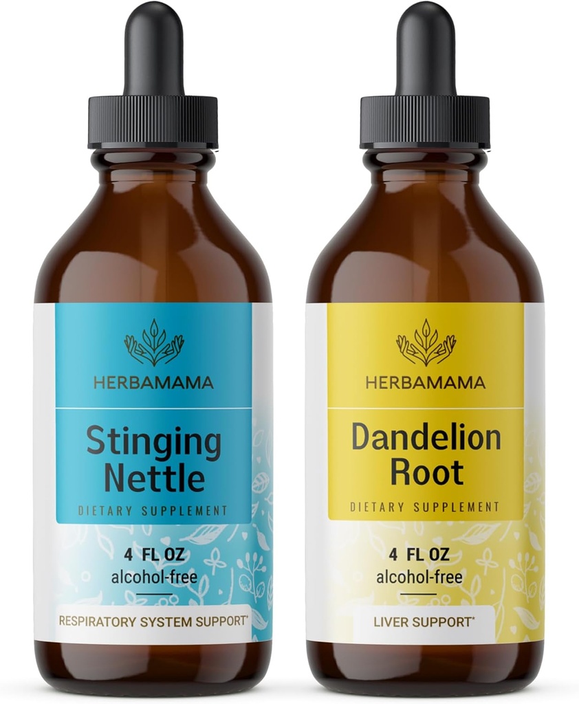 Zestaw Ziołowych Kropli Ziołowych HERBAMAMA - Zestaw Pieszczoty Nettle & Dandelion Root Tincture 4 fl oz - Wegan, Non-GMO, Cukier i Alkohol - 2 Pack
