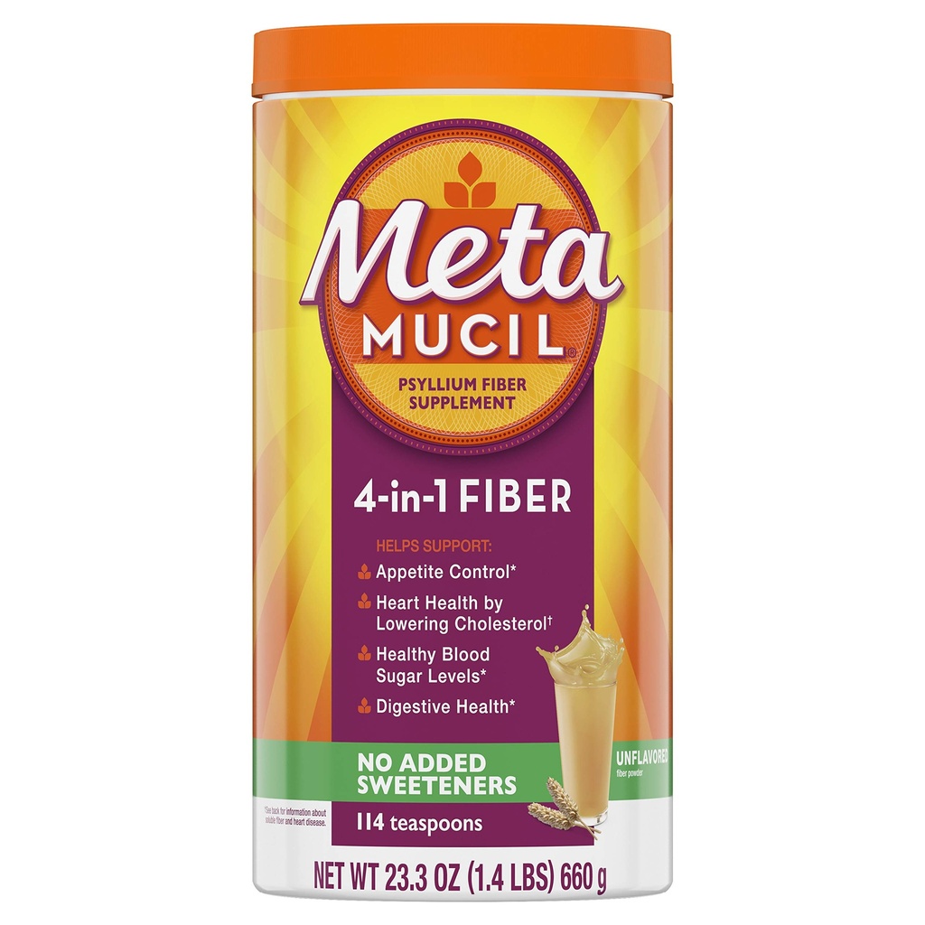 Metamucyl Fiber, 4- in-1 Pzylium Fiber Supplement, Proszek bezcukrowy, Napoje niearomatyzowane, 114 Słupki (Packaging May Vary)