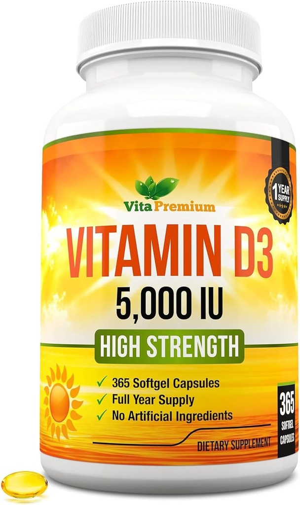 Witamina D3 5000 IU, 365 Easy- Połknięcia Softgels, Wysoka Siła Witamina D 5000 IU Suplement - Dostawa pełnoletnia