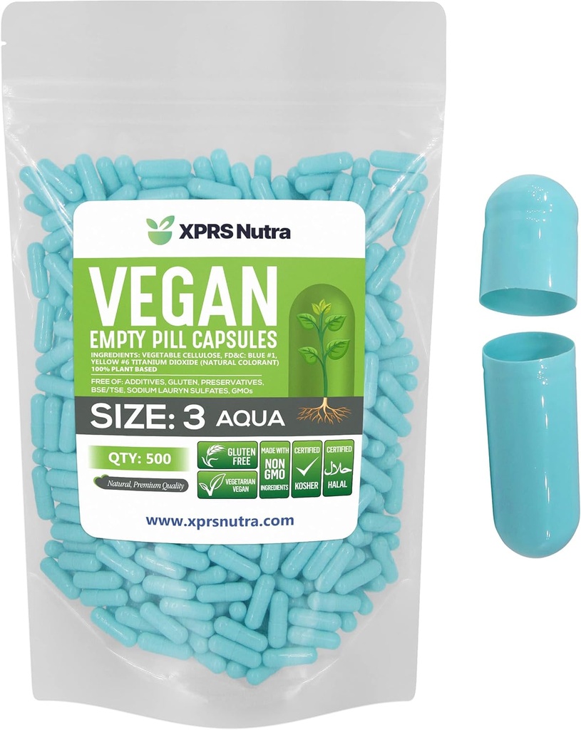 XPRS Nutra Rozmiar 3 Puste kapsułki - 500 Hrabia Puste wegańskie tabletki - Wegetariański pigułka - DIY Vegetable kapsułki wypełnianie- Veggie Pill Caps (Aqua)