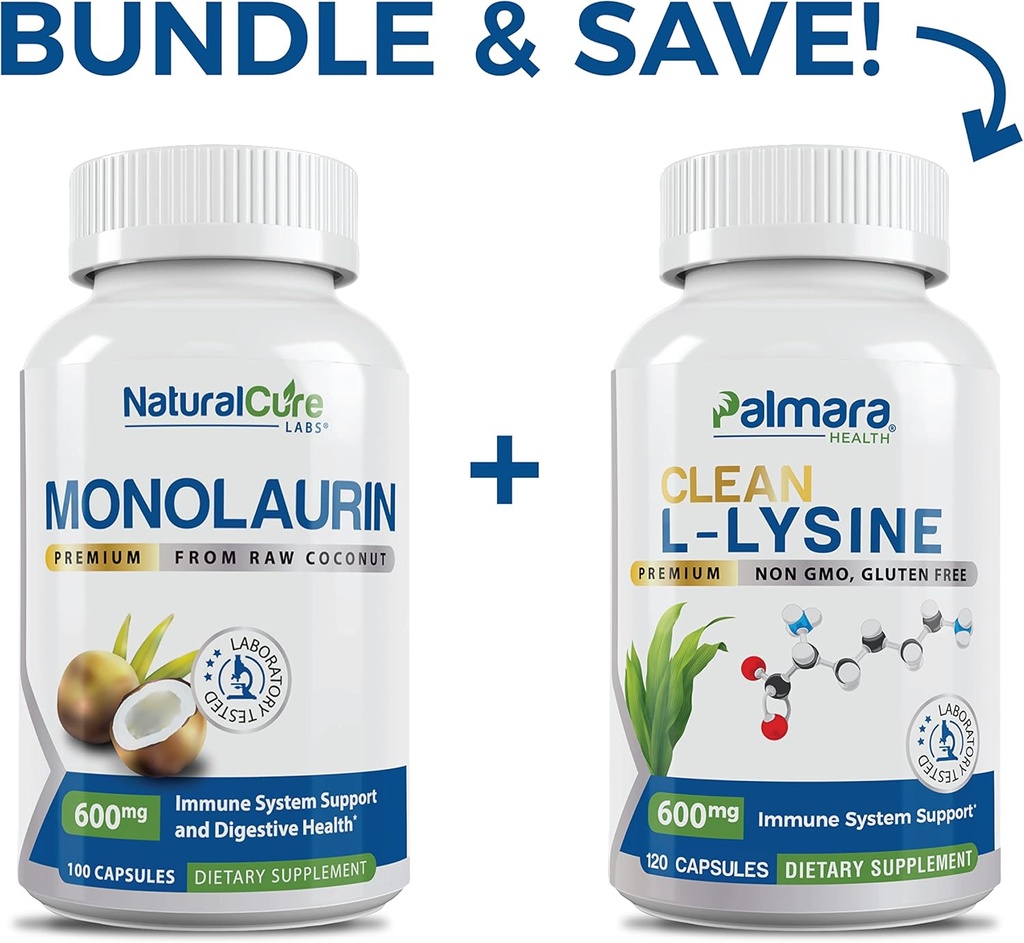 Natural Cure Labs Bundle: Premium Monolaurin 600mg + Clean L- Lysine 600mg