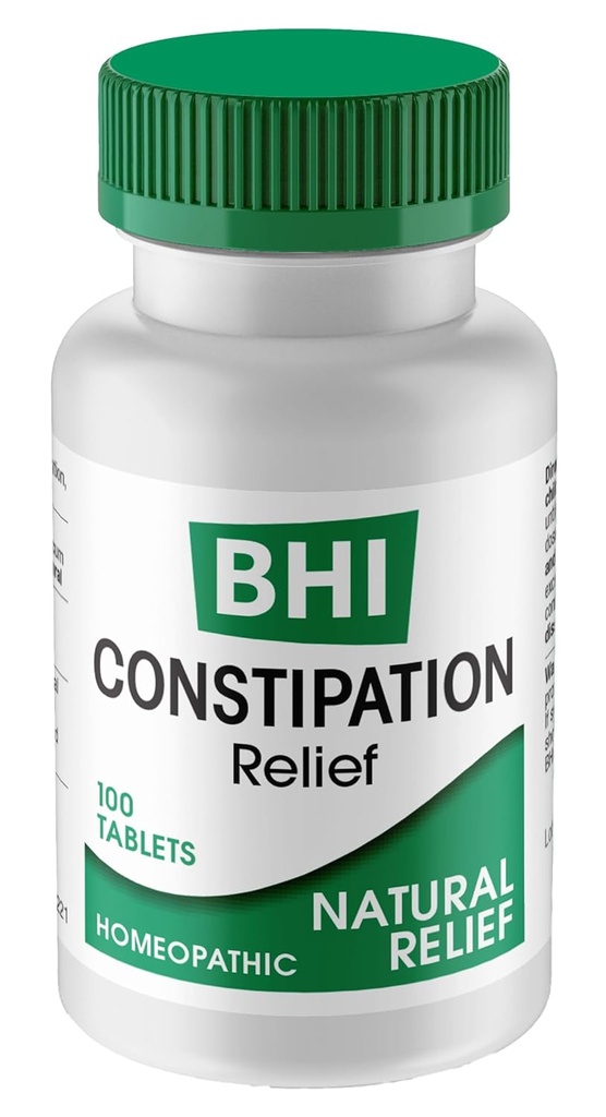 BHI Zaparcia Relief Natural Safe Targeted Homeopatic Active Ingredients Relieve Bloat Discomfort, Bowel Back- Up & Nieregularność dla kobiet i mężczyzn - 100 tabletek