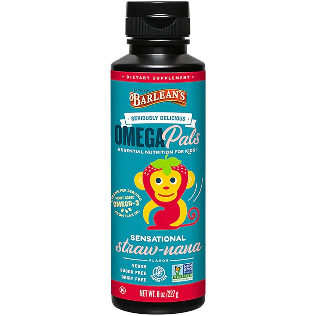 Barlean 's Omega Pals Omega 3 dla dzieci, Yummy Truskawka-Nana Smakowane dla dzieci Płynny Flax suplement olejowy z 1,483 mg ALA, Non-GMO, Wegan Mózg i Eye Health, 8 oz
