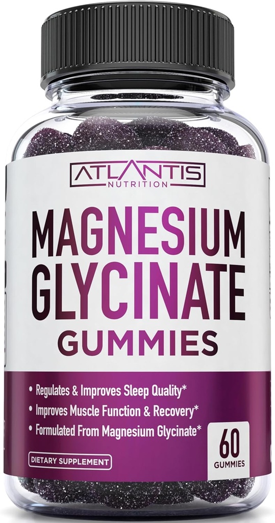 Atlantis Nutrition Glycinate Magnezu Gummies 700mg - Wegan Glycynat magnezu dla dzieci i dorosłych - Wsparcie dla mięśni i Ulepszony sen - Pyszny aromat winogronowy - dla całej rodziny - 60 Count