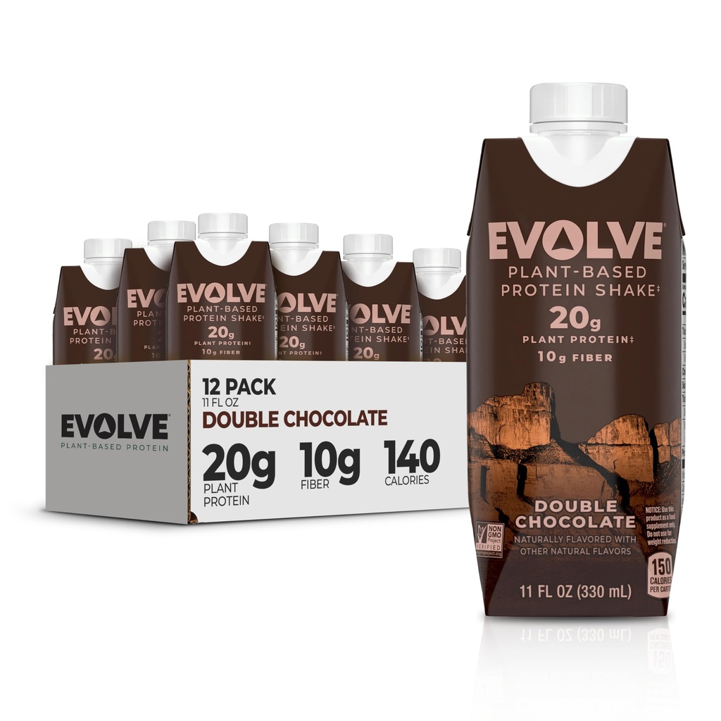 Evolve roślin protein Based Shake, Double Chocolate, 20 g białka wegan, bezmleczny, Brak sztucznych słodzików, Non-GMO, 10 g Fiber, 11 Fl Oz (Pack of 12) - (Formuła Wary maja)