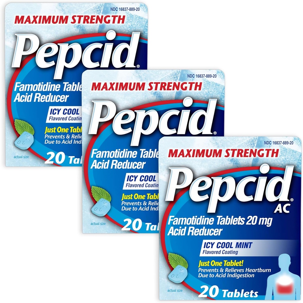 Pepcid AC Maksymalna wytrzymałość Heartburn Relief Tablets, Zapobiega i łagodzi Heartburn & Refluks kwasowy Ze względu na niestrawność kwasową, 20 mg Famotydyna, ITY Cool Mint Flavor, Opakowanie zbiorcze, 3 x 20