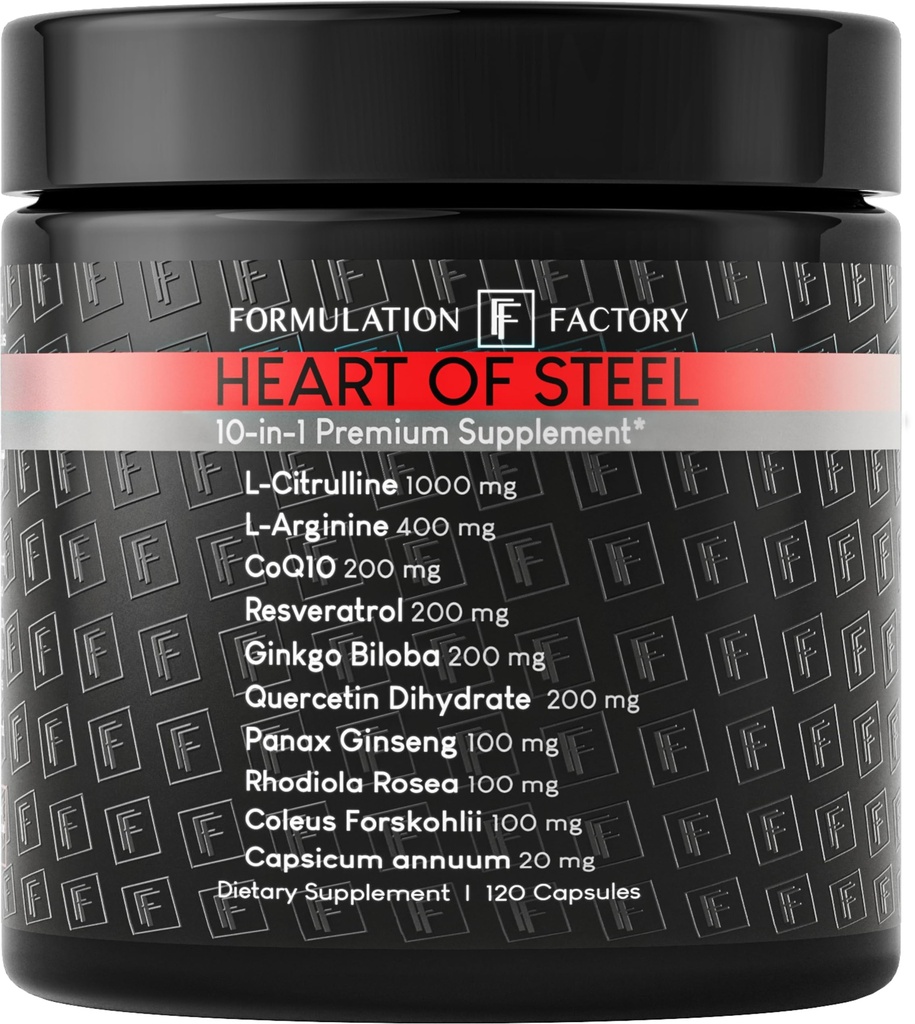 Formulacja Factory Heart of Steel: 10- in-1 Metaboliczny Maximizer Supplement tlenku azotu, Support ciśnienia krwi, L Arginina, L Citruline Natural Pre- Workout: Zarządzanie energią 120 Count