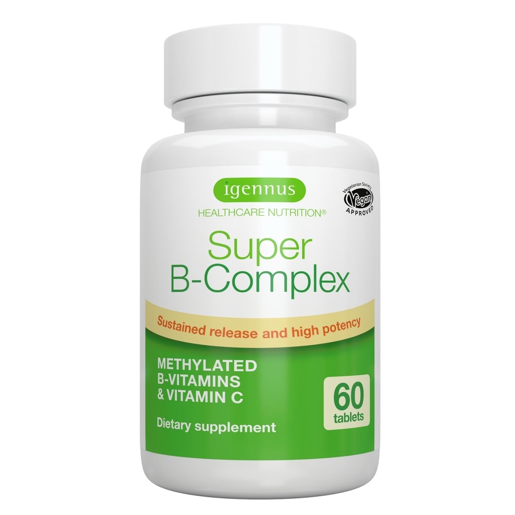 Igennus Super B- Complex Methylled B Witaminy - Trwałe uwalnianie, Czyste etykiety i wysoka absorpcja, z 5-MTHF folianu i metylowego B12, Energia, Mood & Cognitive Performance, Laboratorium zweryfikowane, 60 Małe tabletki