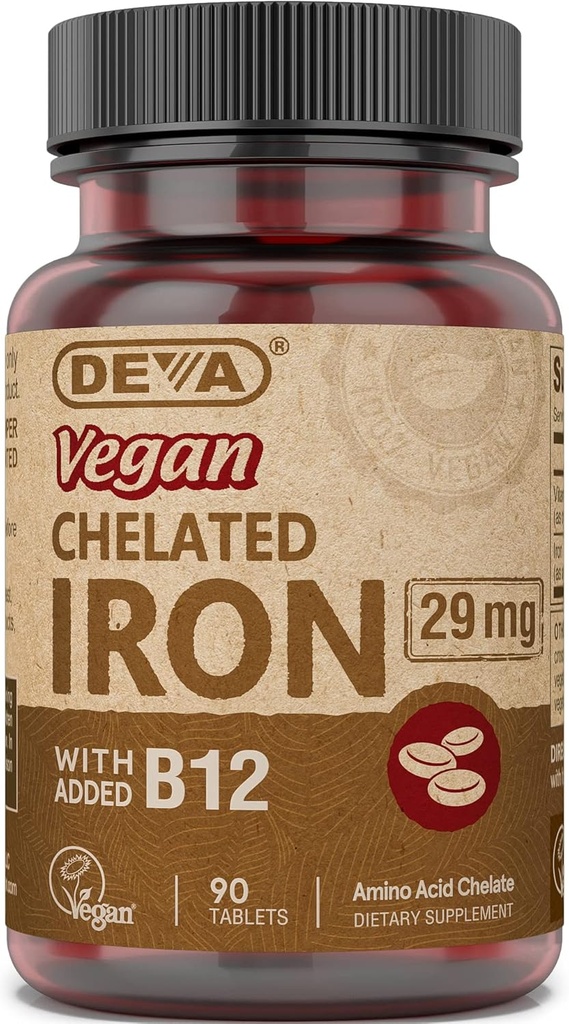 DEVA Wegan Żelazo chelatowane z dodatkiem witaminy B- 12, Suplement diety, 29 mg, 90