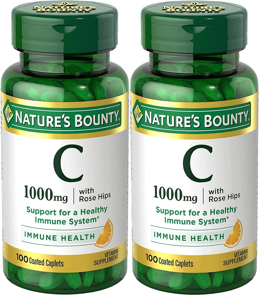 Nature 's Bounty Witamina C + Rose Hips, Wsparcie immunologiczne, 1000mg, Pokryte kapsułki, 100 Ct - Opakowanie po 2
