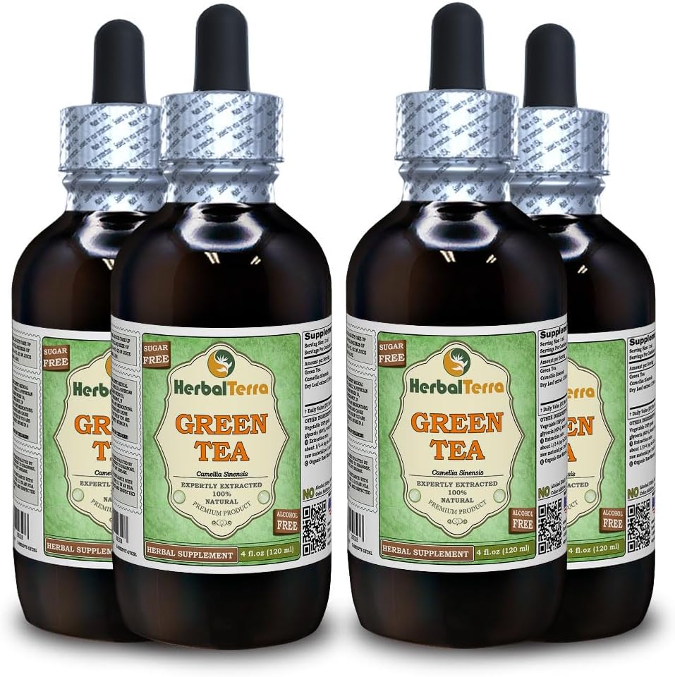 Herbata zielona (Camellia Sinensis) Glycerite, Organic Dried Leaves Alcohol Free Liquid Extract (Nazwa marki: HerbalTerra, Proudly Made in USA) 4x4 fl.oz (4x120 ml)