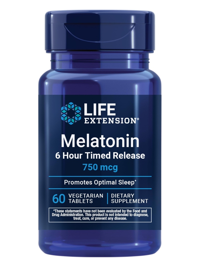 Przedłużenie życia Melatonina 6 Godzina Wyznaczone Release, 750 mcg, Extended- Release Formuła dla delikatnego wsparcia snu, Zdrowe krąg rytmy, Cellular Defense, Gluten- Free, Non-GMO, Wegetarianin, 60 Tabletki