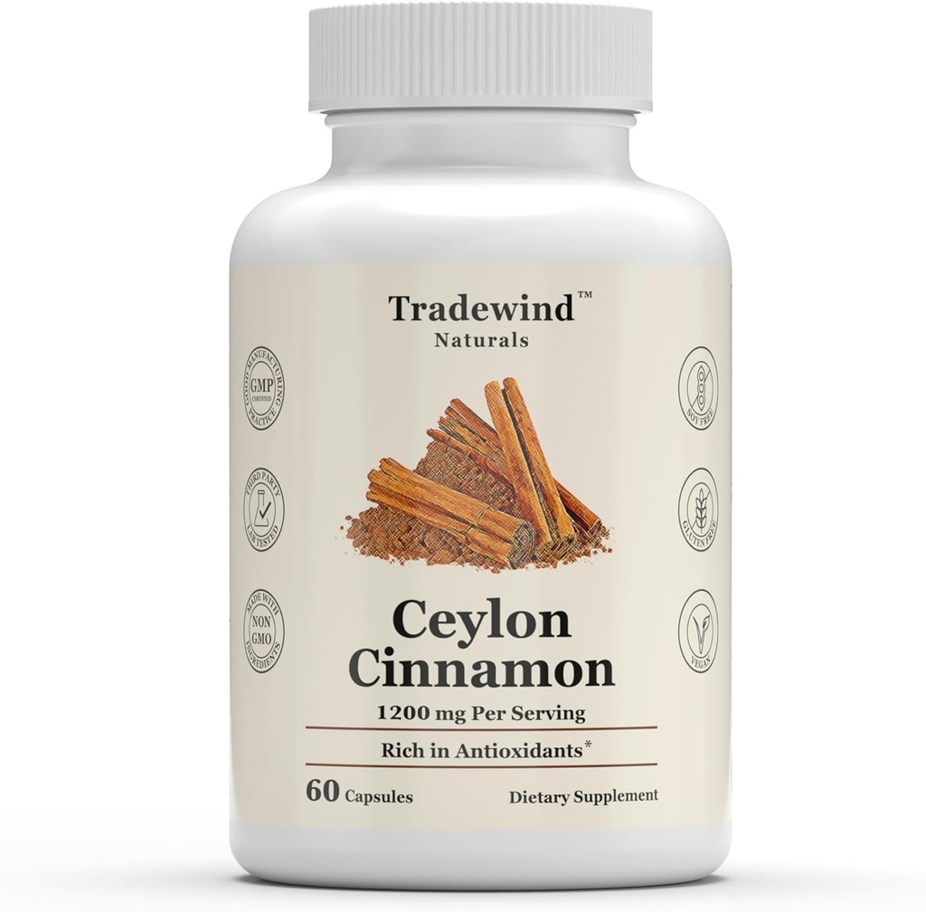 Ceylon Cynamon 1200mg - Czysty Ceylon Cynamon - Wegan - Non-GMO - Wsparcie Serca i Zdrowia Kognitywnego - Bogaty w przeciwutleniacze - 60 Kapsułki warzyw - Made in USA