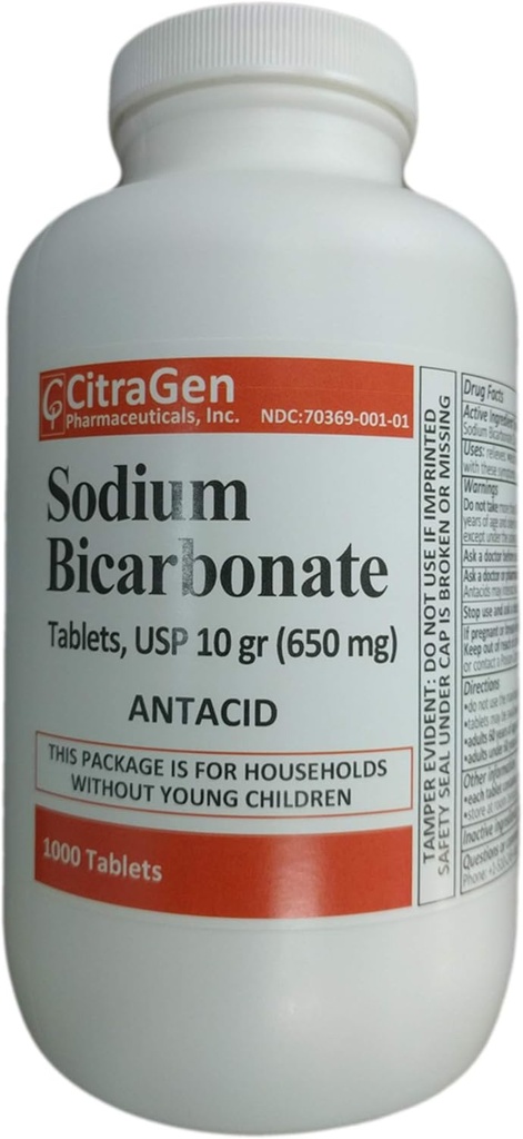 Biwęglan sodu Tabletki USP 650 mg (10 ziaren) na Relief of Acid Infersion, Heartburn, Sour Stomach & Upset Stomach 1000 Tabletki na butelkę przez CitraGen Pharmaceuticals Inc