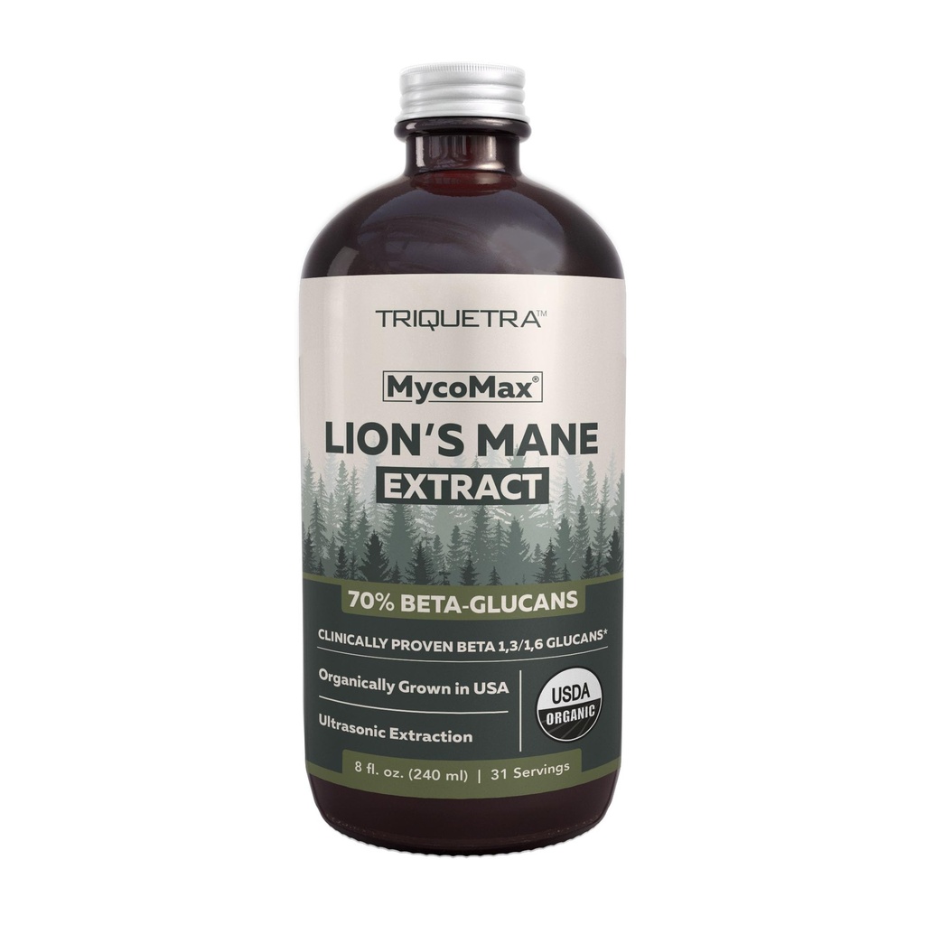 MycoMax Lions Mane Extract - 70% Beta Glucans, Max Potency Organic Lions Mane Supplement, US Grown + Ultrasonic Extraction - 500 mg na porcję - Mental Clarity, Focus and Memory - 8 oz.