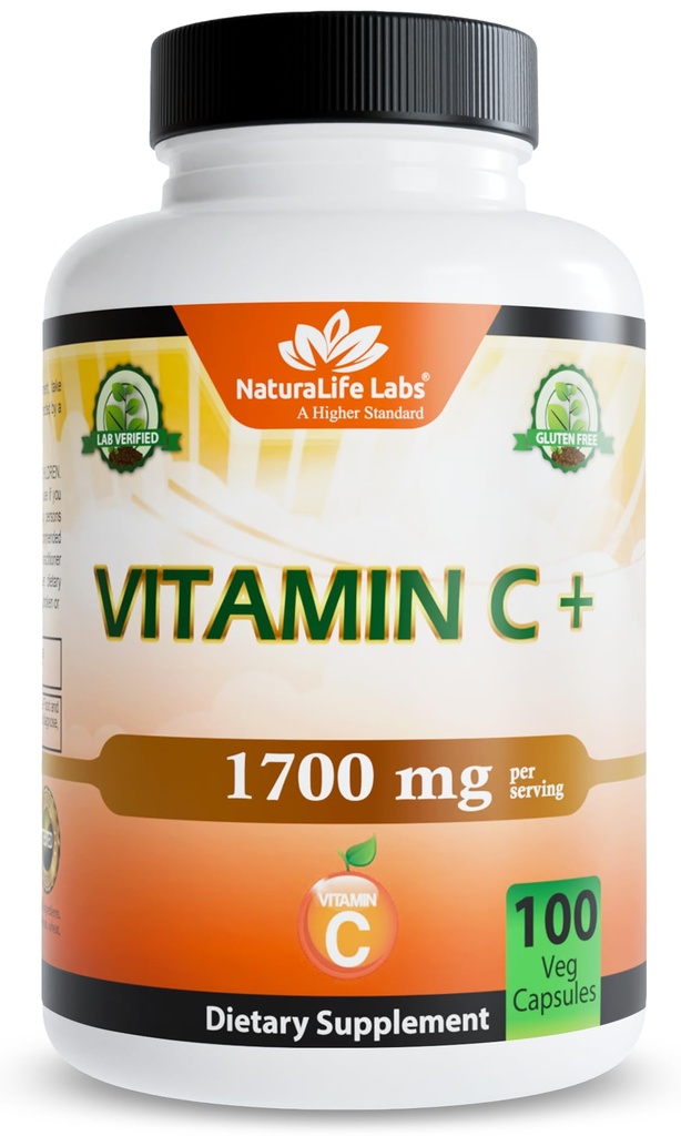 NaturaLife Labs Witamina C z witaminą D3, Cynk, Elderberry & Ginger Root - 1,700 mg na jedną porcję - 100 kapsułek, Wegan, Non-GMO, Gluten Free