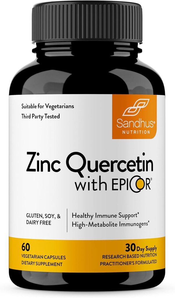 Sandhu 's Cynk Quercetin z EpiCor 60 Kapsułki wegetariańskie - Suplement Gluten- Bezglutenowy Cynk - Wysoka moc immunologiczne