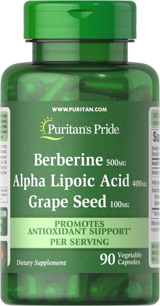 Puritan 's Pride Berberine, Alpha Lipoic Acid & Grape Seed, Promotes Antioksydant Support, 90 Kapsułki roślinne