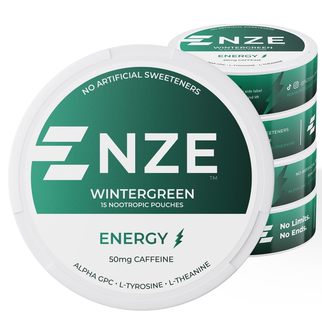 NZE Kofeina Nootropowe Pouches (Wintergreen) - Energy Pouches z 50mg Kofeina, Alpha GPC, L- Tyrosine & L- Theanine bez cukru lub sztucznych słodzików - 15 Pouches per Can - 5 opakowań