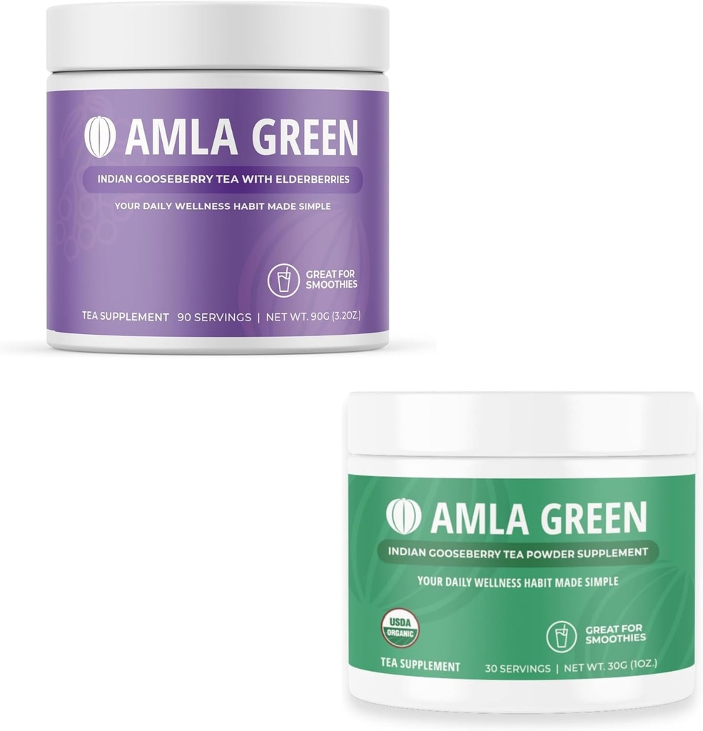 Amla Powder & Green Tea Superfood Supplement, Wsparcie przeciwutleniające, Made with Elderberries (90 Servings) & Indian Gooseberries (30 Servings), Organic, Wegan