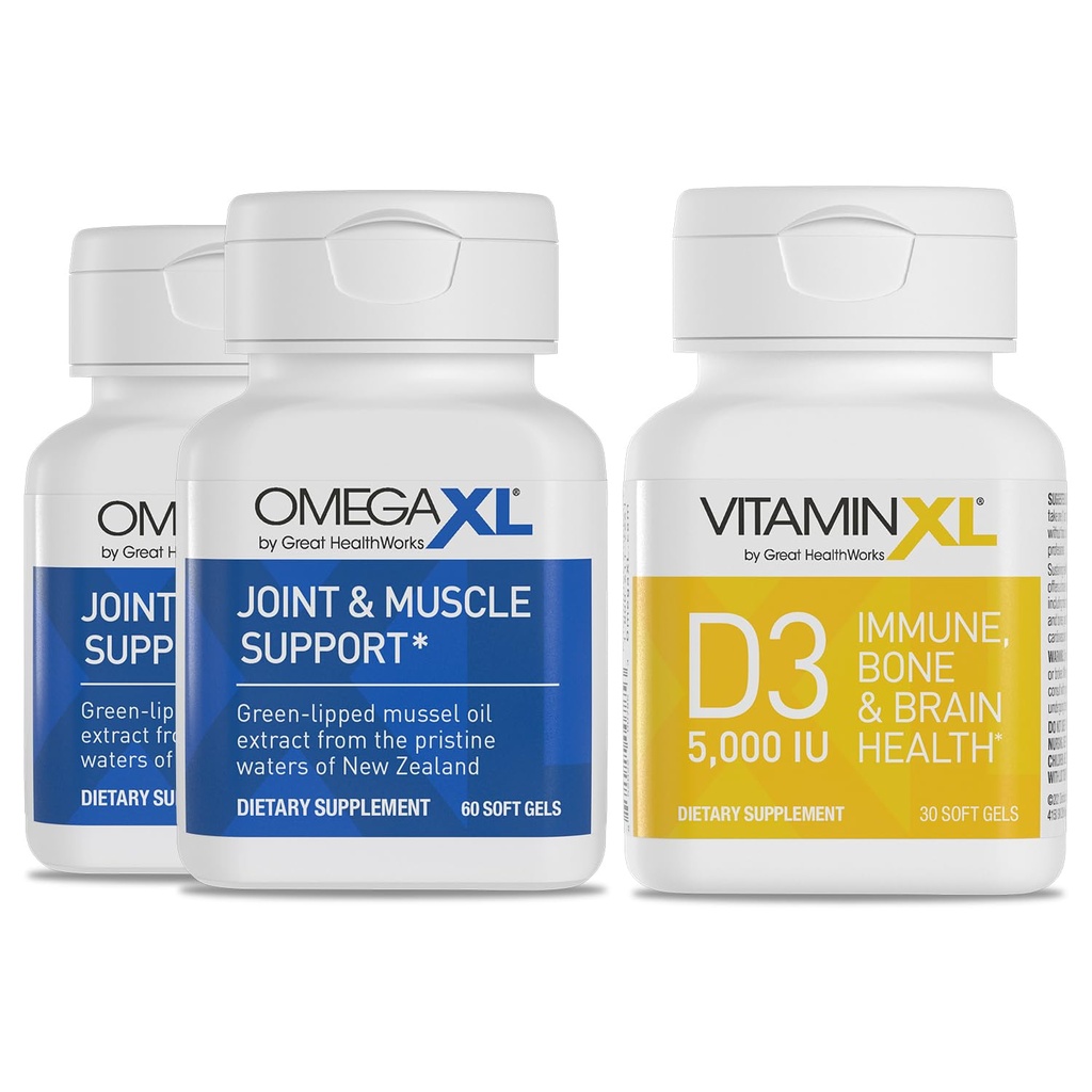 OmegaXL Joint Supplement Supplement - Natural Muscle / Immune Supplement, 60 Softgels (2 Pack) & VitaminXL D3 High Potency Daily Witamina D 5000 IU 125µg Supplement (30 Softgels)