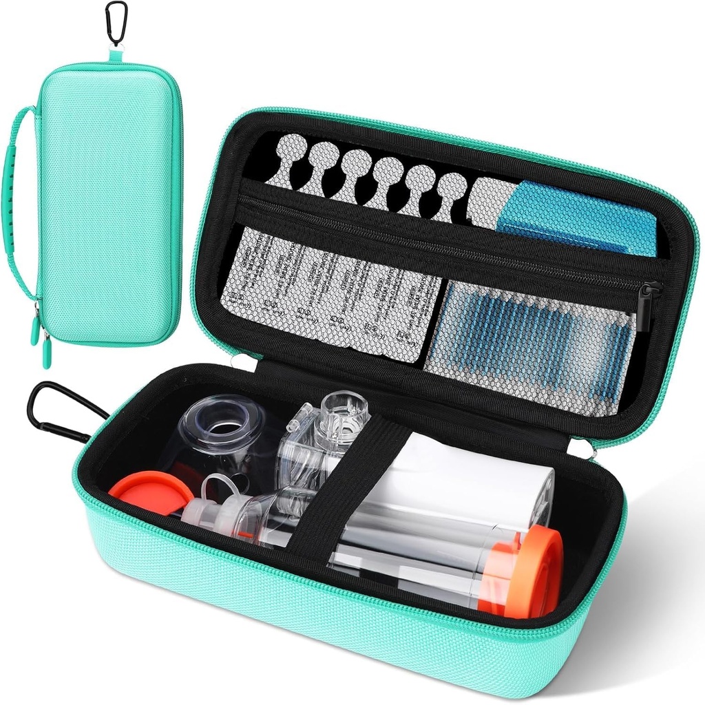 Astma Inhaler Case, Przenośny Nebulizer Organizator, Podróżny gotowy z Mesh Pocket, Podwójne Zippers, Silicone Handle, Dzieci i dorośli, Stylowy zielony