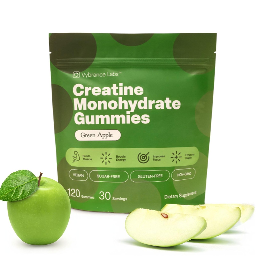Gummie krewskie 5g Monohydrat + Tauryna & B12 - Bezcukrowy, Wegański, Bezglutenowy - Zielone Jabłko - 120 Hrabiego (30 Sług) dla siły, Energia i Focus