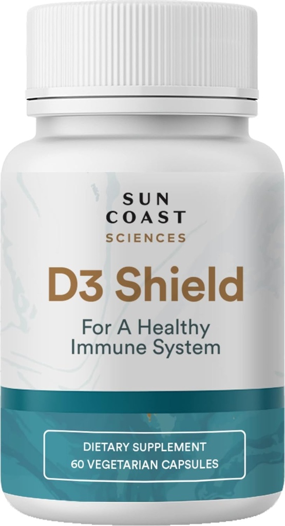 Sun Coast Science Sciences D3 Shield - Witamina D3 5000 j. m. na wsparcie immunologiczne i zdrowie kości 60 Kapsułki wegetariańskie K2 z 180mg Karbonatu wapnia Maksymalna absorpcja