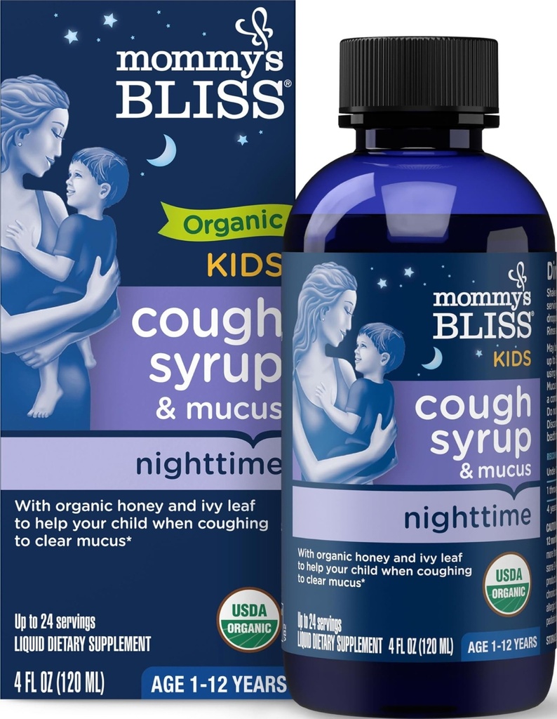Mamuśka Bless Organic Kids Cough Syrop & Mucus Relief for Night Time, Agave & Honey, Ivy Leaf, Cynk, Witamina C, + Herbal Nighttime Blend, 4 Fl z