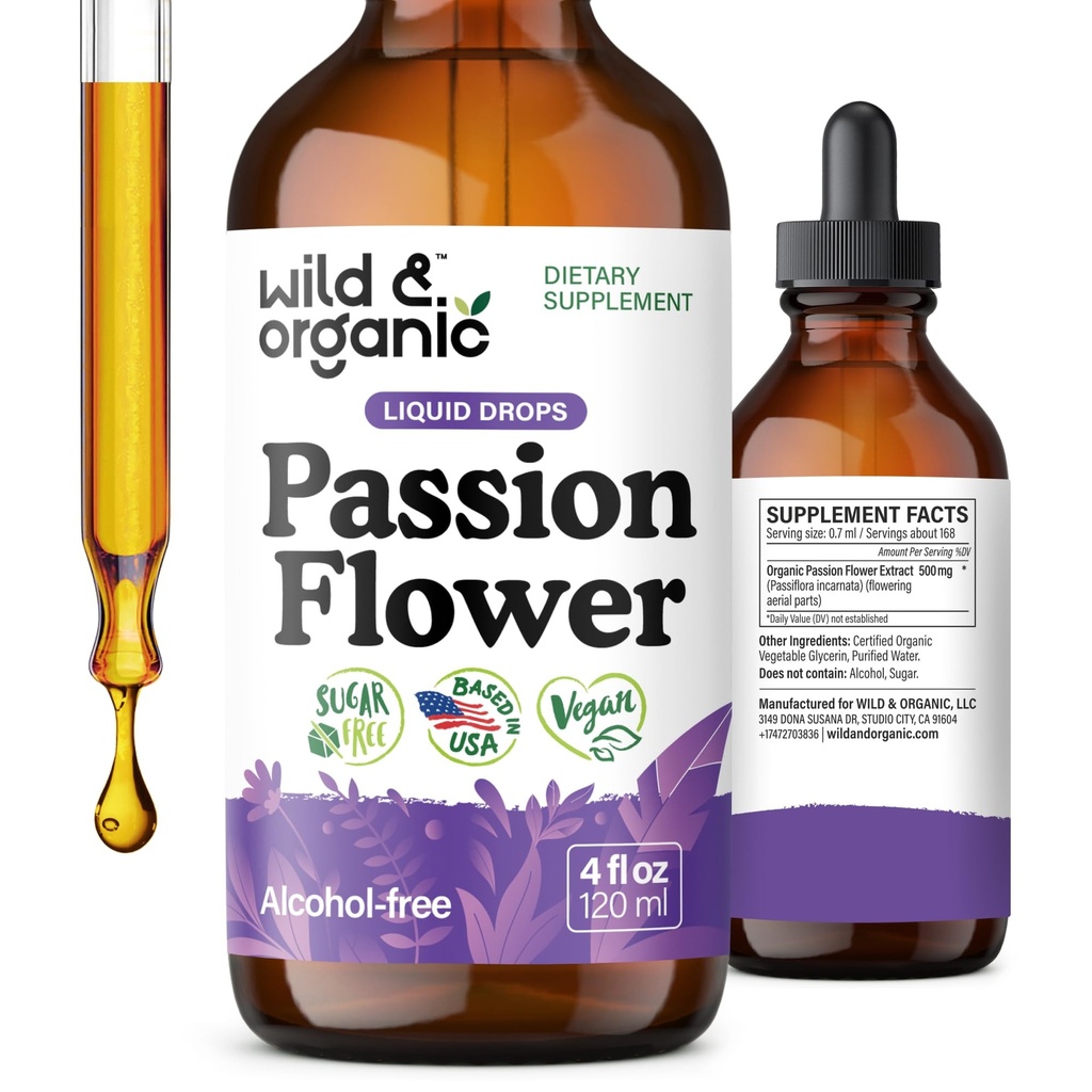 Wild & Organic Passion Flower Tincture - Mood Support - Calming Passionflower Supplement - Passiflora Incarnata Liquid Extract - Vegan, Sugar & Alcohol- Free Herb Drops - 4 fl oz