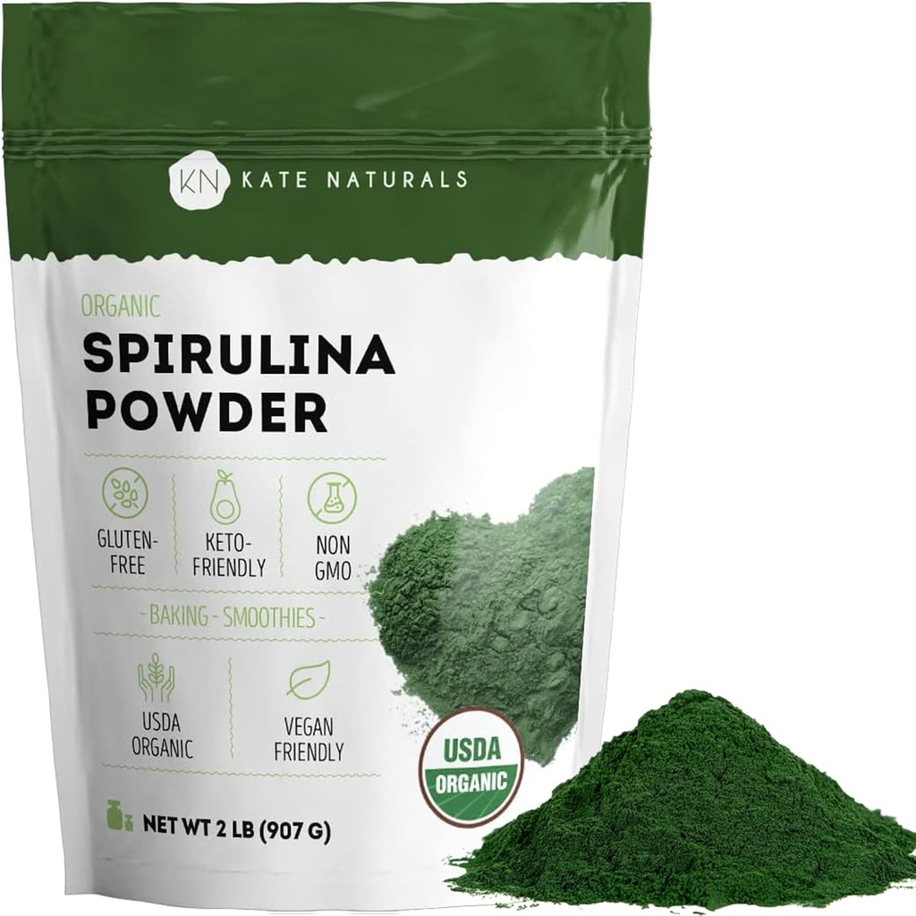 Kate Naturals Organic Spirulina Powder. Nutricent Dense Superfood for Smoothies and Juice (2 lb, USDA Certified, Non-GMO, gluten- Free)
