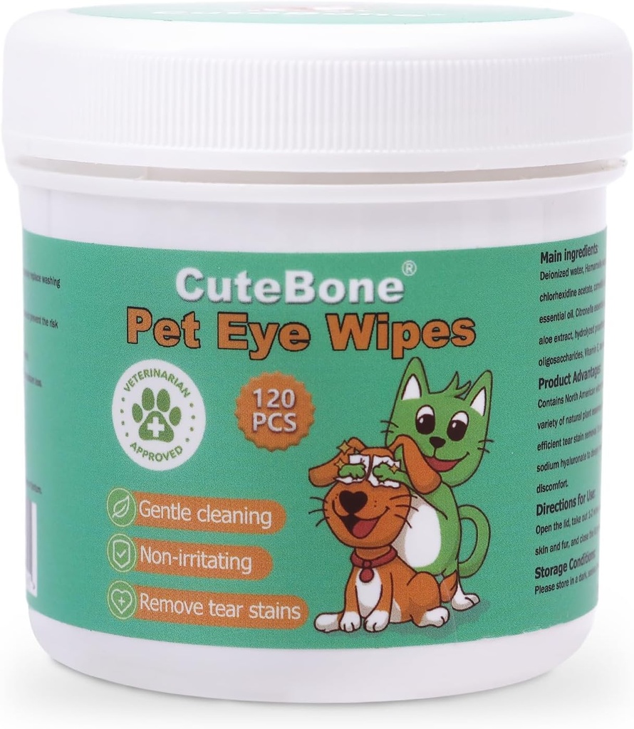 CuteBone Pet Eye Wipes 120 Count - Delikatne i kojące chusteczki do czyszczenia oczu dla psów i kotów, Usuwa brud, plamy łzawiące, i destrukcji, Zapobiega infekcje oczu, Naturalne składniki, Bezpieczne i łatwe w użyciu