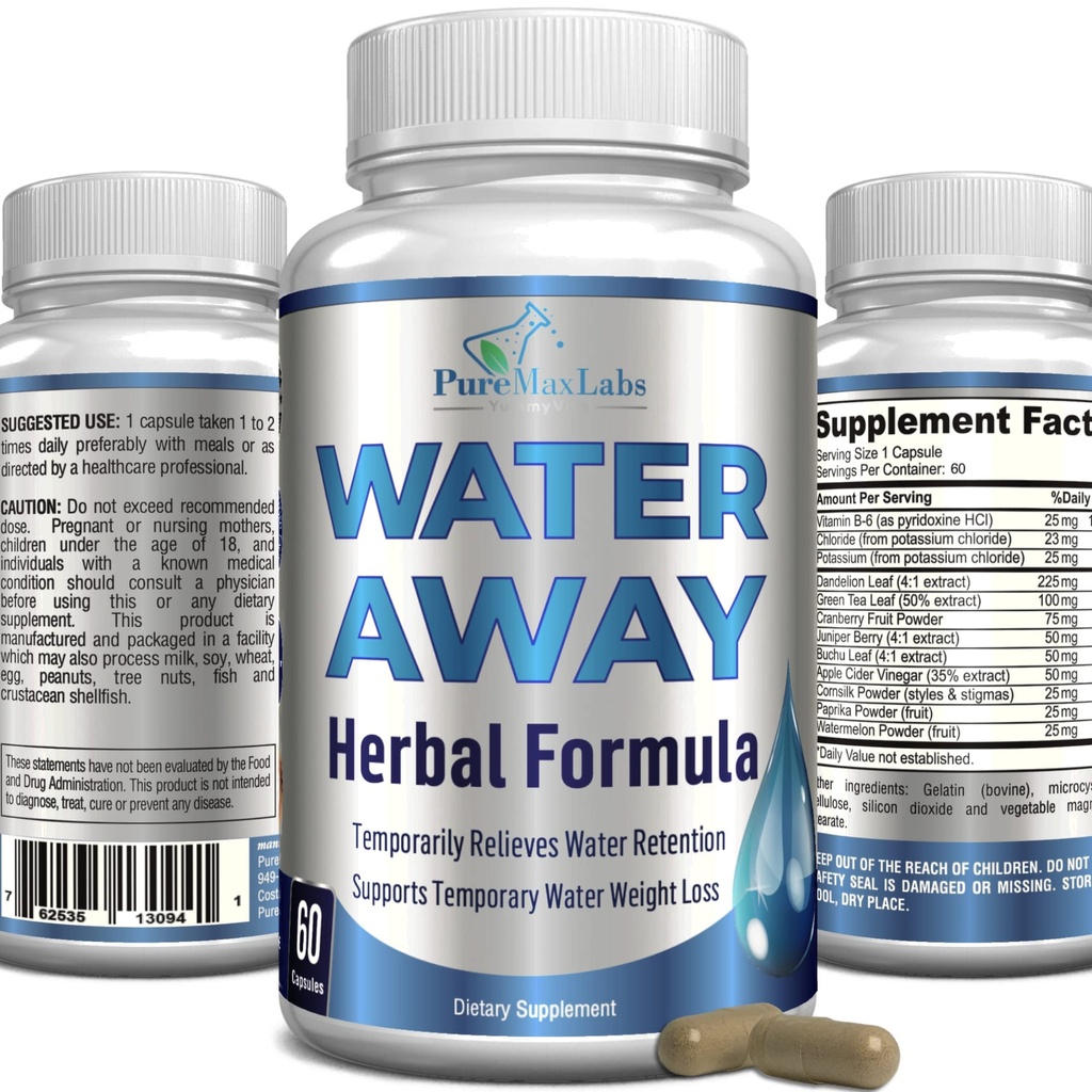 Water Away Gentle Herbal Diuretic - Natural Diuretic Water Pills - Relieve Bloating, Zmniejszenie nadmiar wody z Dandelion Leaf, Zielona herbata, Detox Cleanse & Zdrowie moczu. Nie- GMO, 60 kapsułek