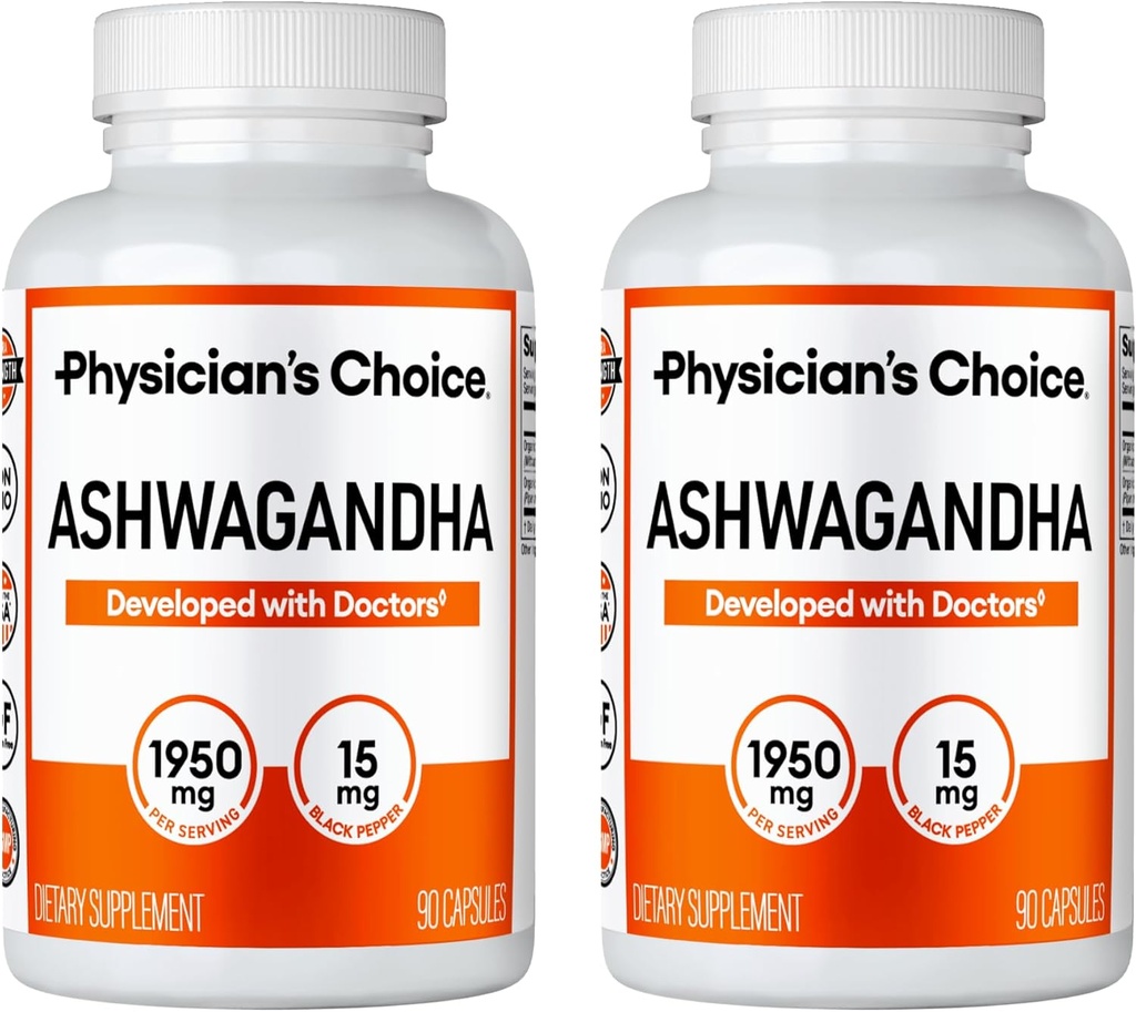 Choice Ashwagandha 1950mg Organic Ashwagandha Root Powder with Black Pepper Extract, Wsparcie stresowe, Mood Supplement Supplement, 90 Veggie Ashwagandha kapsułki - 2 PCK