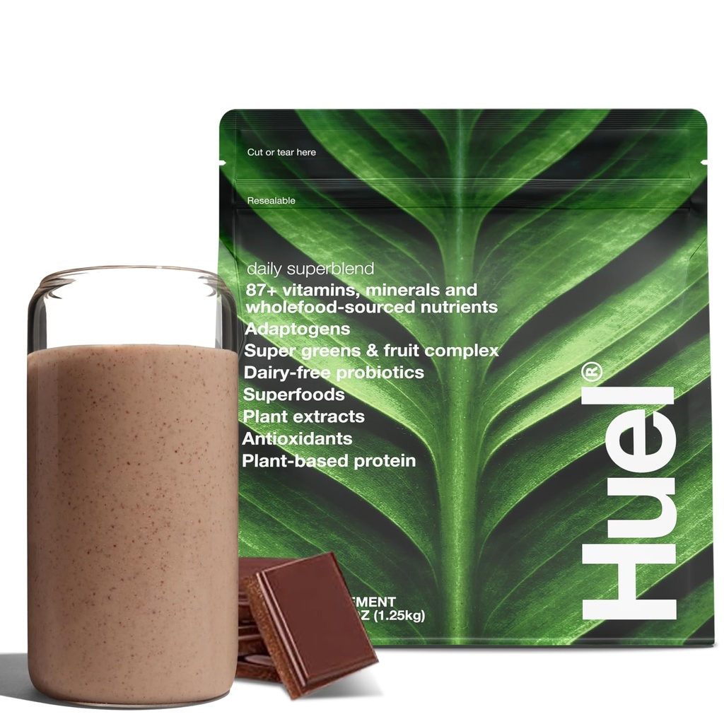 Huel Daily Supermix Proszek czekoladowy 124; 25g Białko roślinne 124; Super Zielony Proszek 124; 87 Witaminy, Minerały i Wholefood- Sourced Ingredients 124; 19 Służenie 124; Scoop nie jest wliczony w celu zmniejszenia tworzyw sztucznych