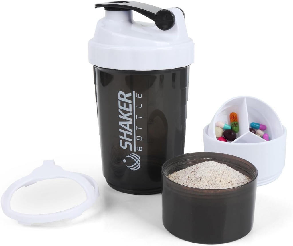 Butelka shaker - Puchar shaker protein z kominami do przechowywania - Butelki z mieszalnikiem do gładkiego mieszania - 500ML / 16oz (White & BLACK)