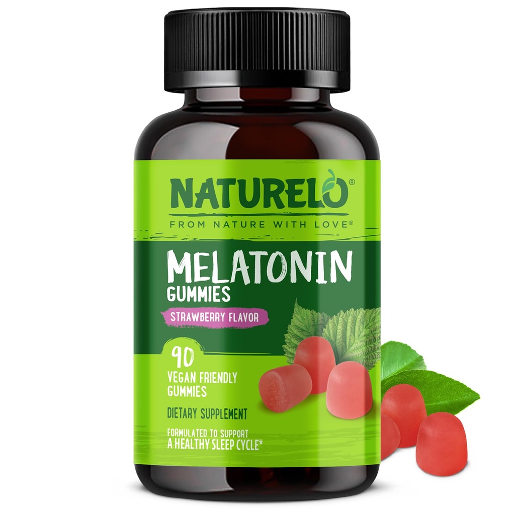 NATURELO Melatonina Gummies - Non-GMO, Gluten- Free, Soy Free - Strawberry Flavor - Delikatny suplement do snu - 90 Gummies wegetariańskie