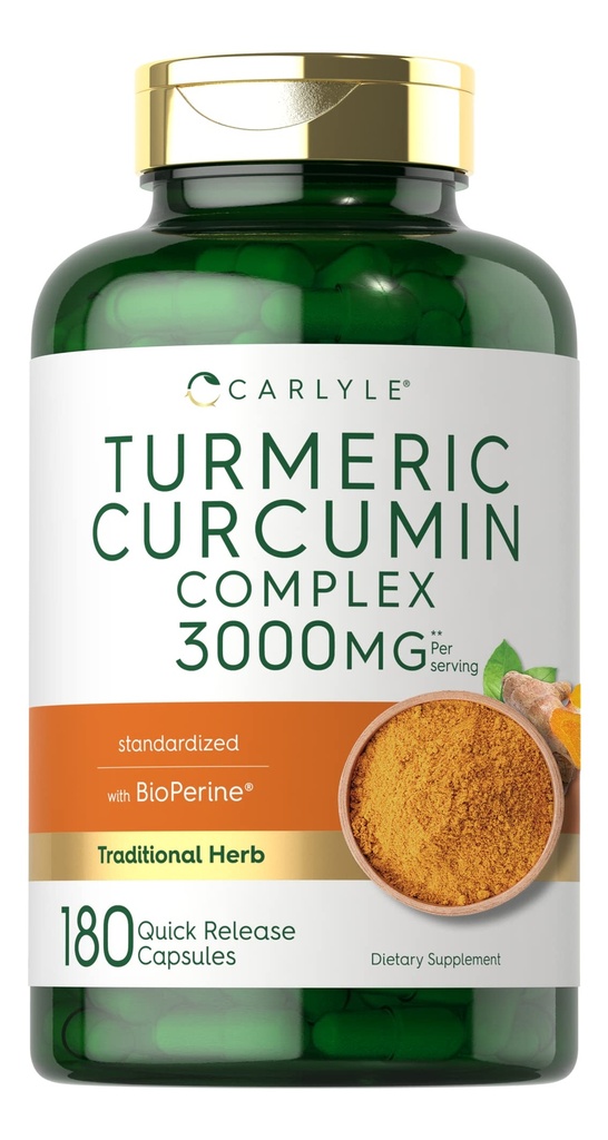 Carlyle Turmeric Curcumin Supplement Agregat 124; 3000mg 180 Kapsułek Agregat 124; z Black Pepper, Kurkuminoidy i Bioperine Agregat 124; Non-GMO, Gluten Free