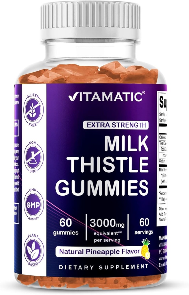 Mleko Vitamatic Thistle Gummies- 10000 mg ekwiwalent per serving (z 50: 1 Wyciąg 200 mg) - Detox wątroby i anty oksydant Zdrowie - Min. 80% Silimarin Flavonoids - 60 Pectin Based Gummies