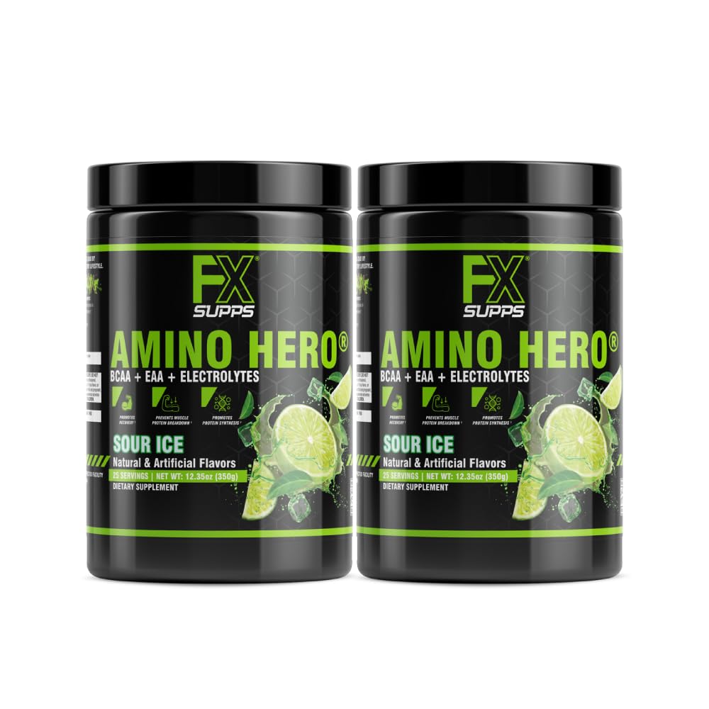 FXSUPPS Amino Hero Sour Ice Flavor (50 Służenia) 124; Post- Workout Recovery Drink dla mężczyzn i kobiet 124; Energy Powder Mix with BCAA, EAA, and Electrolytes Recovery 124; Promotes Endurance and Healthy Muscles - 2 Pack