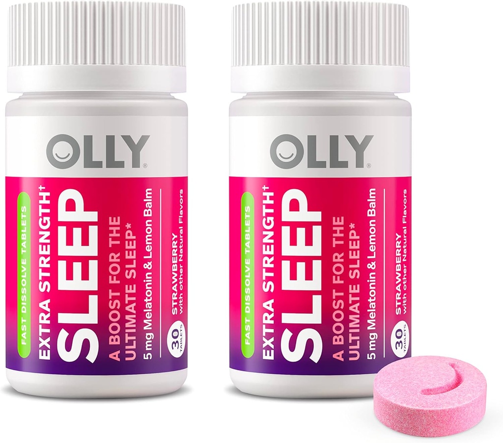 OLLY Extra Siła Sen szybko rozpuszcza tabletki, 5 mg Melatonina, Wegan, Truskawka - 60ct