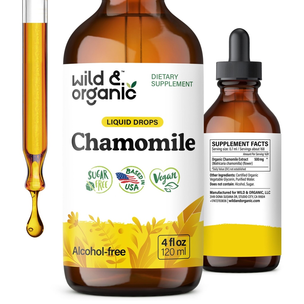 Wild & Organic Rumian Kwiatów nalewka - Suplement do relaksacji - Rumianek ekstrakt płynny krople - Wegan, Cukier i Alkohol - 4 fl oz