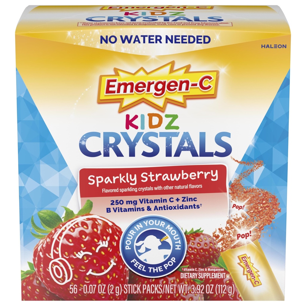 Emergen- C Kryształy Kidz, On- Emergen- C Suplement wsparcia immunologicznego z witaminą C, B Witaminy, Cynk i Mangan, Sparkly Truskawka, Stuffer Stocking - 56 Pakiety stick