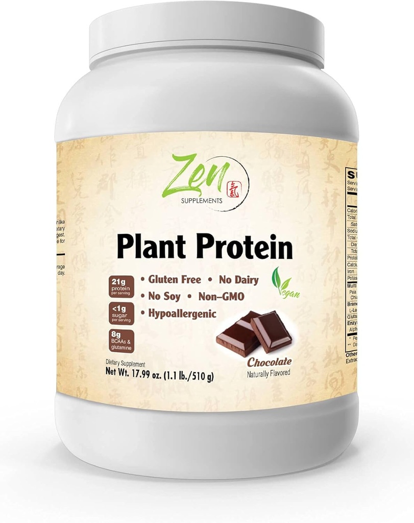 Suplementy Zen - Białko roślinne - Czekolada 510G 1.1LB -Proszek - 23 Gramy białka na serwowanie -Wegan, Węglowodory o niskiej zawartości netto, Non Dairy, Gluten wolny, Laktoza wolna, Nie dodano cukru, Soi wolne, Kosher, Non-GMO