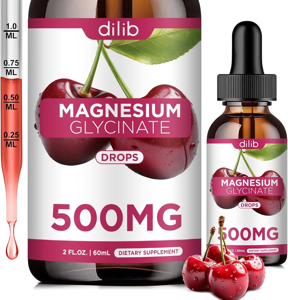 Magnezu suplement glicynian, Magnezu glicynian płynny krople 500mg z wapniem, cynk, Witamina B6, D3, L- Theanina, Omega 3 do snu, nastrojów, Odporność na stres, kości, mięśni, zapachu wiśni