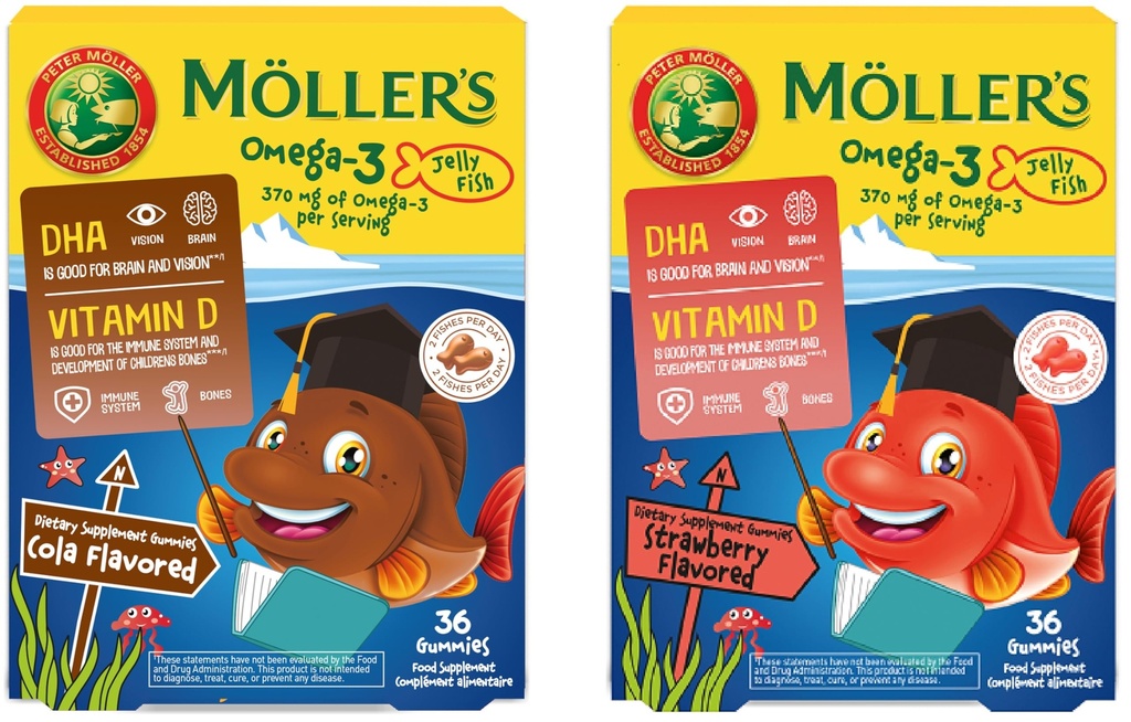 Kapsułki MÖLLER 'S 124; Omega 3 dla dzieci 124; Naturalne Omega 3 Ryby z DHA i EPA 124; Łatwe do żucia, No gluten, Laktoza i Sugar 124; Opakowanie po 72 mg 124; Cola & Strawberry Flavour