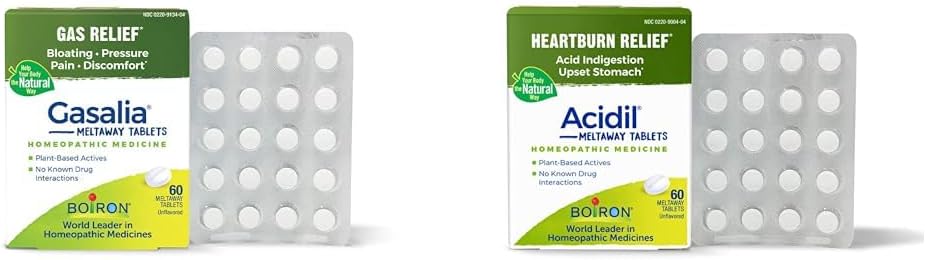 Boiron Gasalia Tablets and Acidil Tablets for Gas, Bloating, Acid Reflum, Heartburn, Niestrawność, i Upset Stomach Relief - 60 Count Each