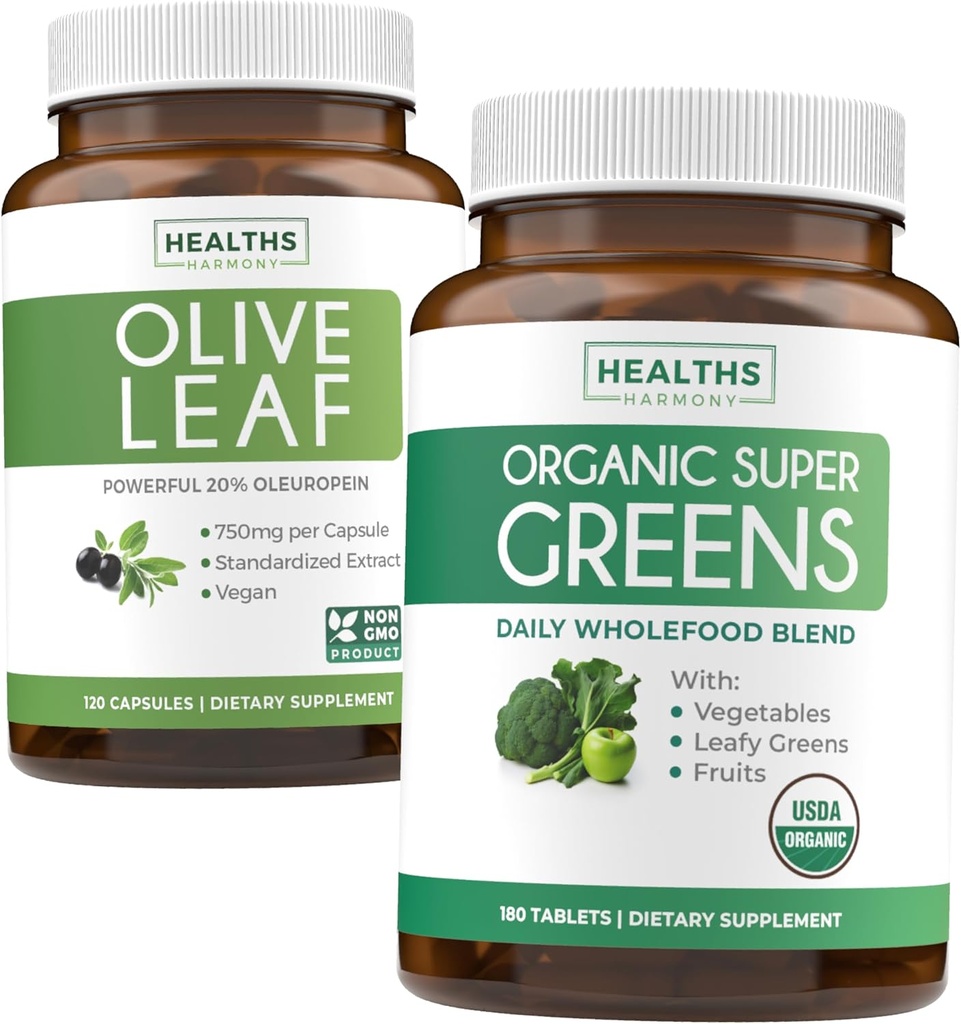 Ekstrakt Olive Leaf & Organic Super Greens (4- Month Supply) Pure Plant Power Bundle of Olive Leaf Extract (120 Capsules) Super Siła & Organic Super Greens (180 Tabets) Organic Superfood