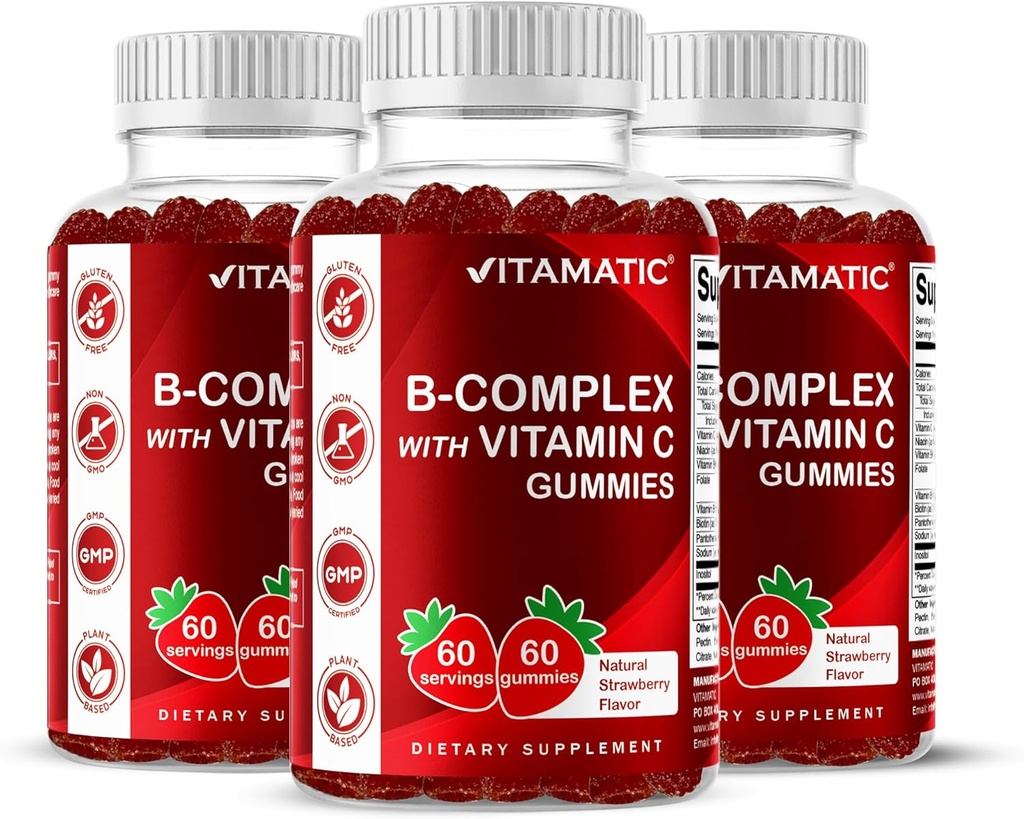 Witamina Witamina B Kompleks Gummie z Witaminą C & Inozytol - Naturalny aromat truskawkowy - 60 Gummies (3 butelki)