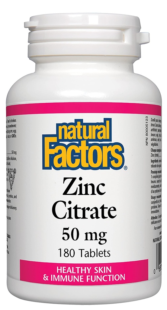 Natural Factors - Zinc Citrate 50mg, Support for Healthy Skin & Immune Function, 180 Tablets